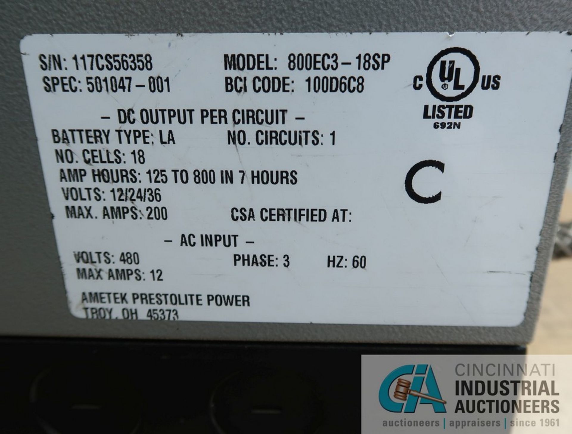 36-VOLT AMETEK PRESTOLITE MODEL 800EC3-18SP ECLIPSE II BATTERY CHARGER; S/N 117CS56358, 3-PHASE, - Image 5 of 5