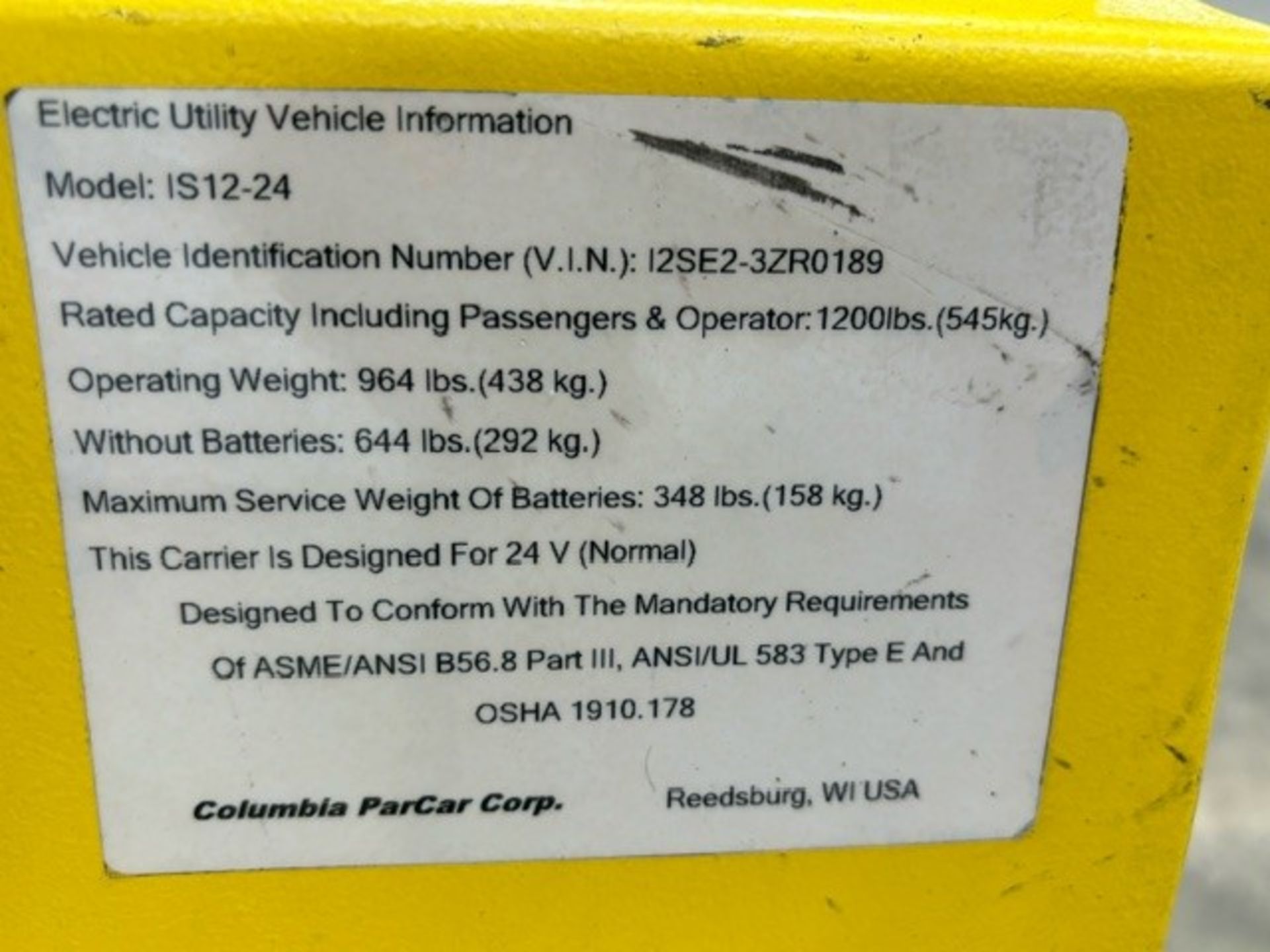 COLUMBIA MODEL IS-12-24 STOCKCHASER STAND-UP ELECTRIC MAINTENANCE CART; S/N 12SE2-3ZR0189, WITH - Image 15 of 16