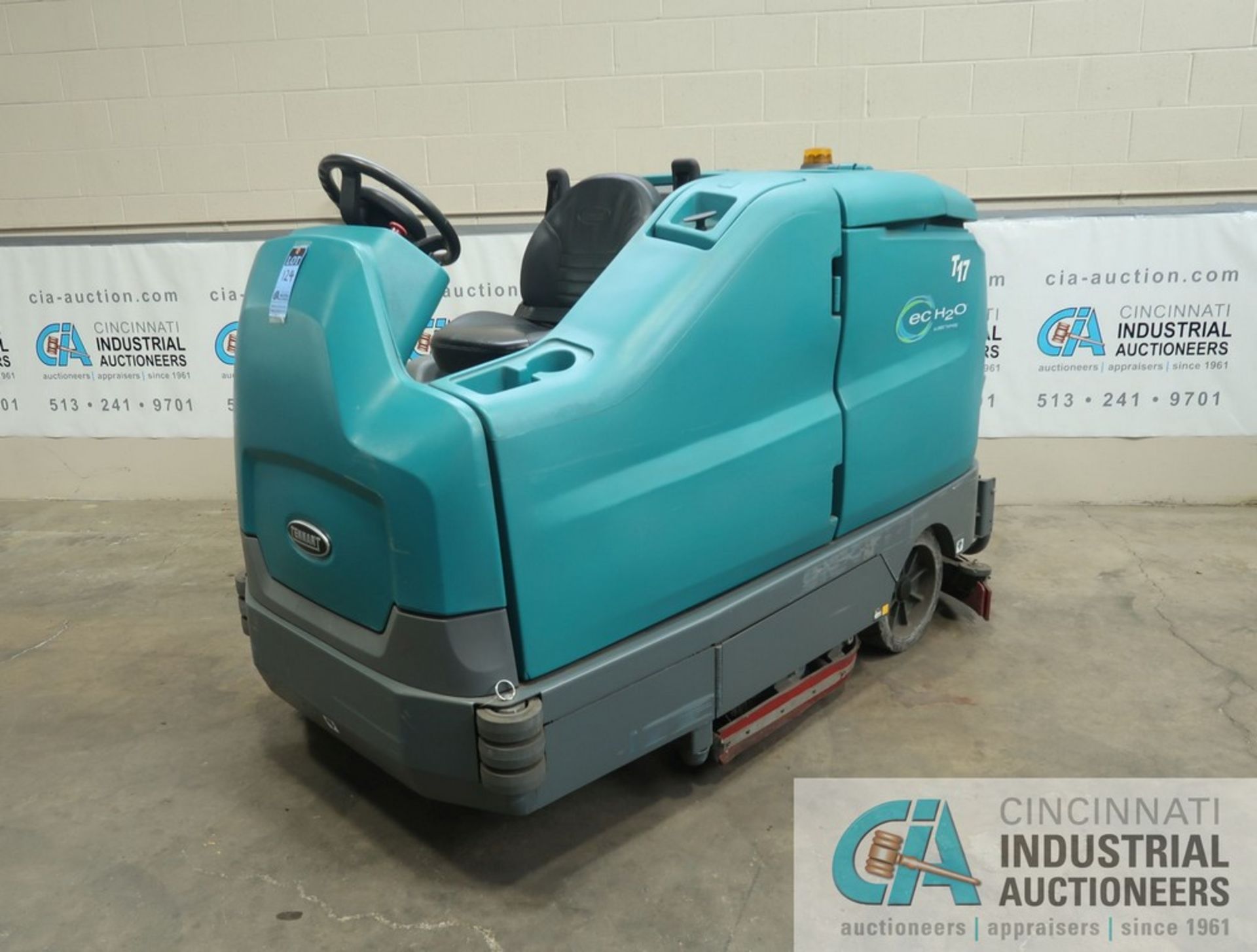 2017 TENNANT MODEL T17 RIDER TYPE ELECTRIC FLOOR SCRUBBER; S/N T17-11472, 36-VOLT WITH CHARGER, 48