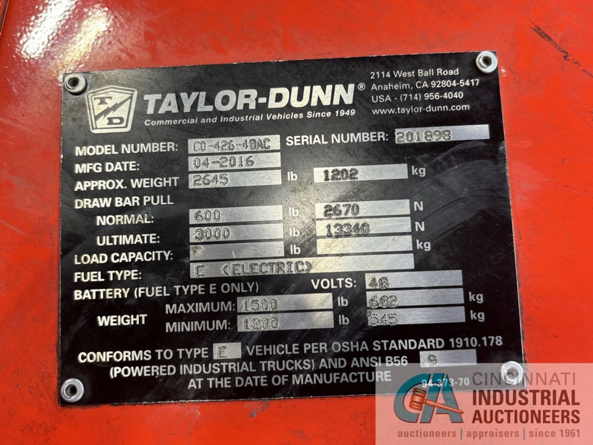 2016 TAYLOR-DUNN MODEL CO-426-48AC HUSKEY II ELECTRIC SIT-DOWN TUGGER; S/N 201898 (NEW 4-2016), 3, - Image 7 of 11