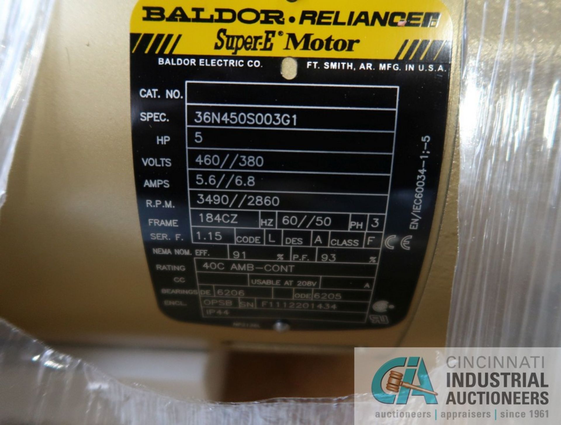 5 HP BALDOR - RELIANCE SUPER E MOTOR, 3-PHASE, 480/1,360 VOLTS - Image 2 of 2