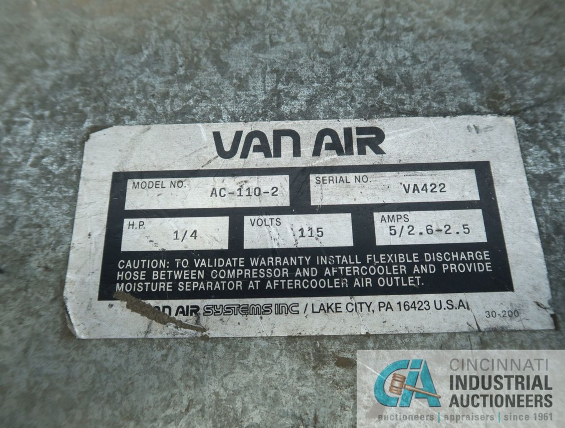 VAN AIR MODEL AC-110-2 AFTER COOLER; S/N VA222, WITH COMPRESSED AIR FILTER AND BEKO MODEL QUIK- - Image 6 of 9