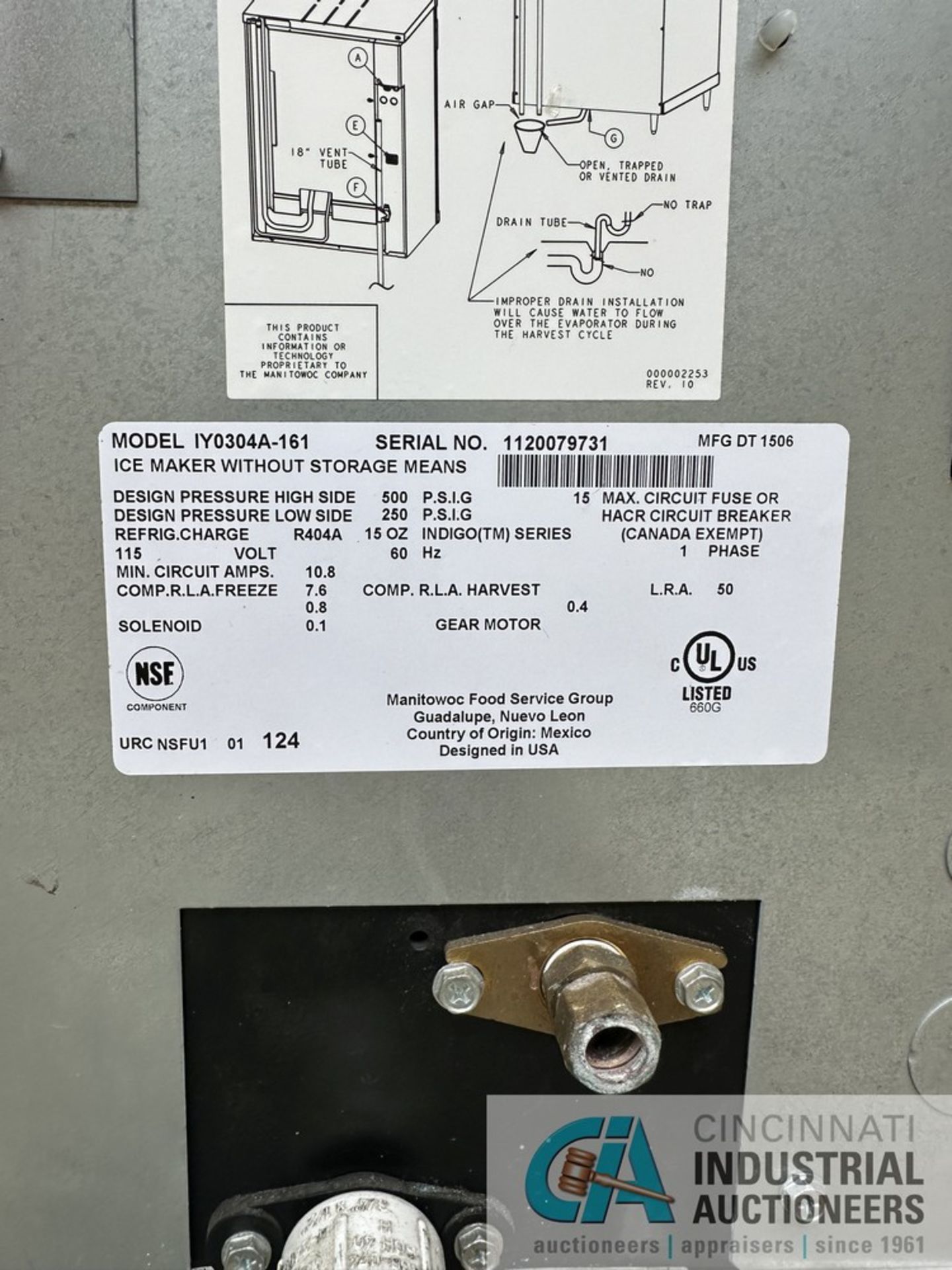 2015 MANITOWOC ICE MACHINE MODEL IY0304A-161 ICE MAKER, MODEL SFA291 BIN AND DISPENSER - Image 8 of 10