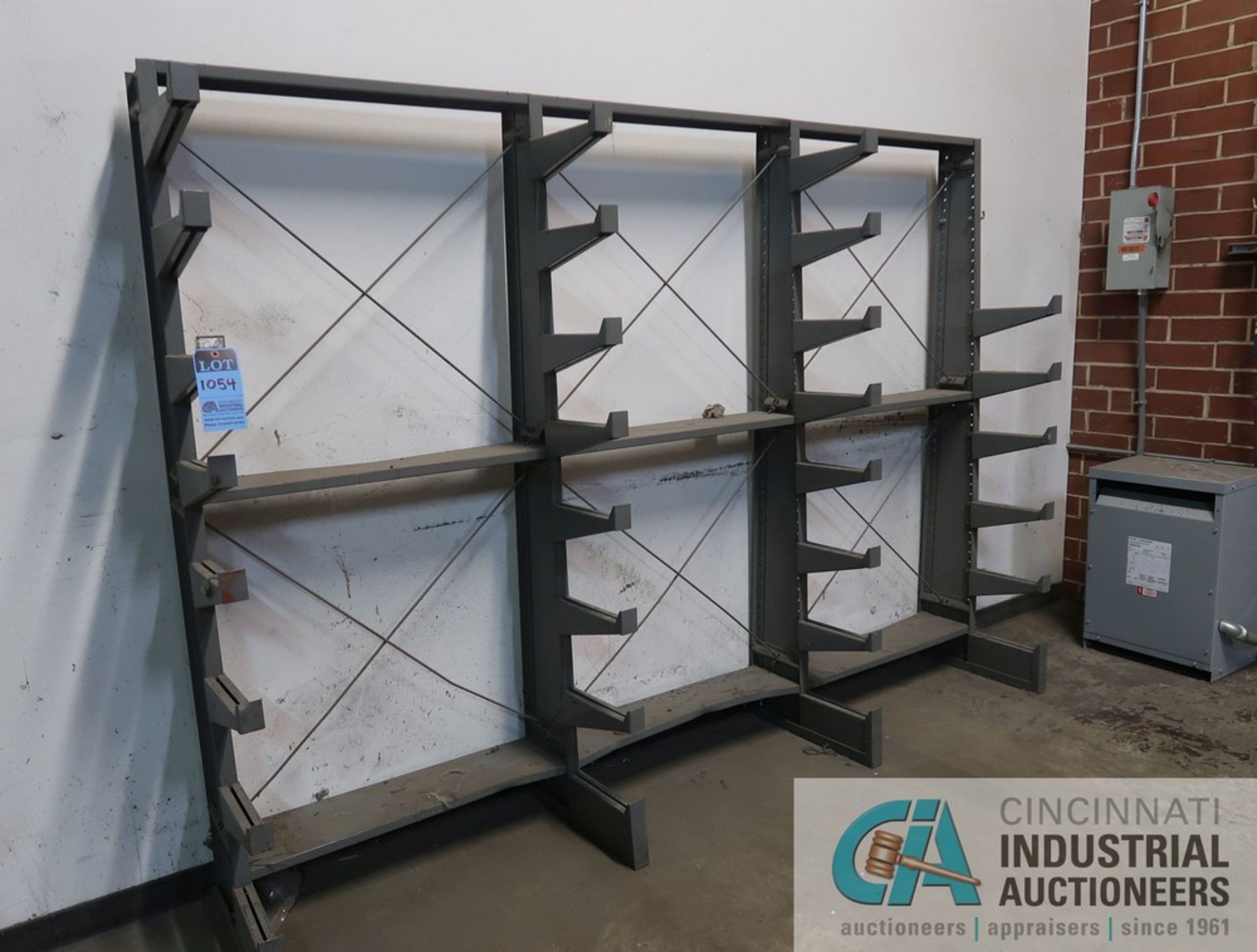 SECTION 12" ARM X 110" WIDE X 80" HIGH LYON SINGLE SIDED CANTILEVER RACK WITH (4) 80" HIGH