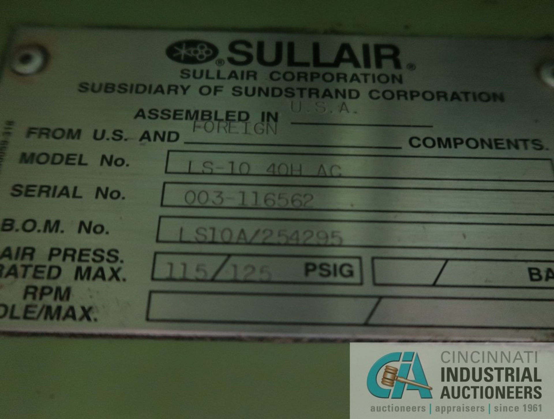 40 HP SULLAIR MODEL LS-1040H AC ROTARY SCREW AIR COMPRESSOR; S/N 003-116562, 230/460 VOLTS, 3-PHASE, - Image 18 of 19