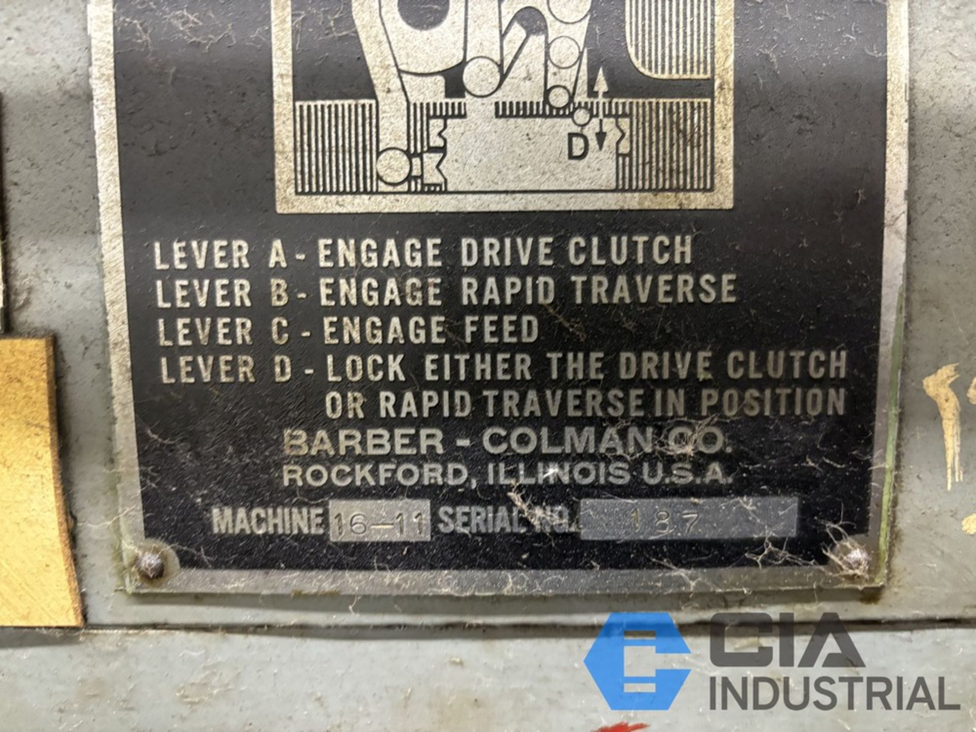 BARBER-COLMAN MODEL 16-11 GEAR HOBBER; S/N 187, DOUBLE THREAD INDEX, TYPE A SUPPORT, BRONZE - Image 7 of 15