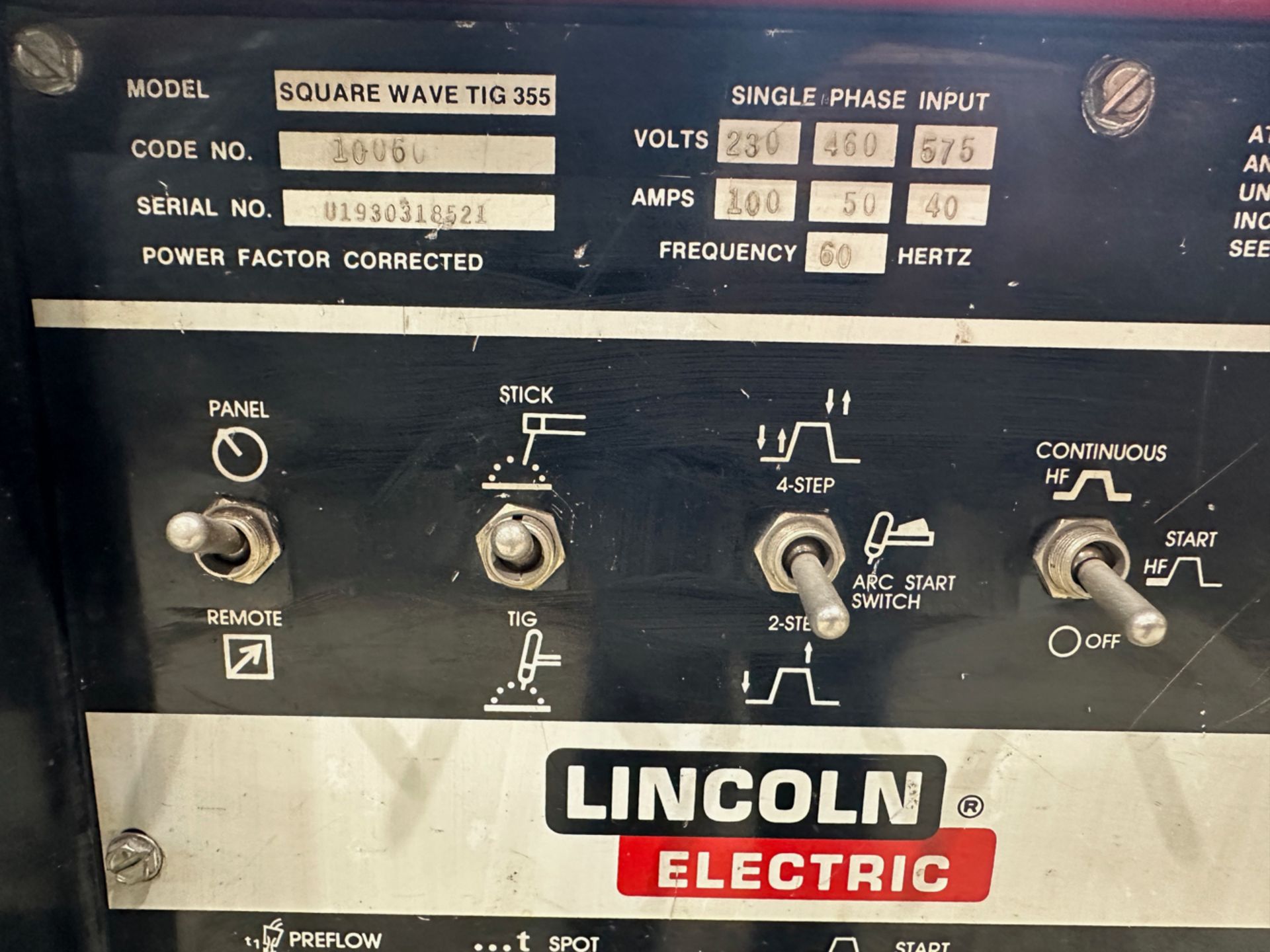 Lincoln Electric Welder, Model: Square Wave TIG-355, SN: U193031521, Cap: 350 Amps