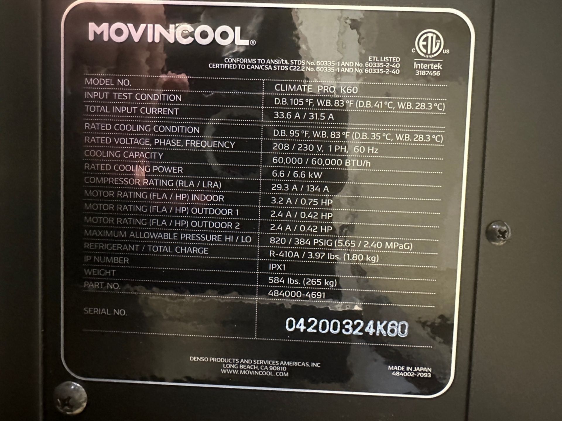 MovinCool Portable Air Cooler, Model: CLIMATE PRO K60, SN: 04200324K60, Cap: 60,000 BTU - Image 3 of 4