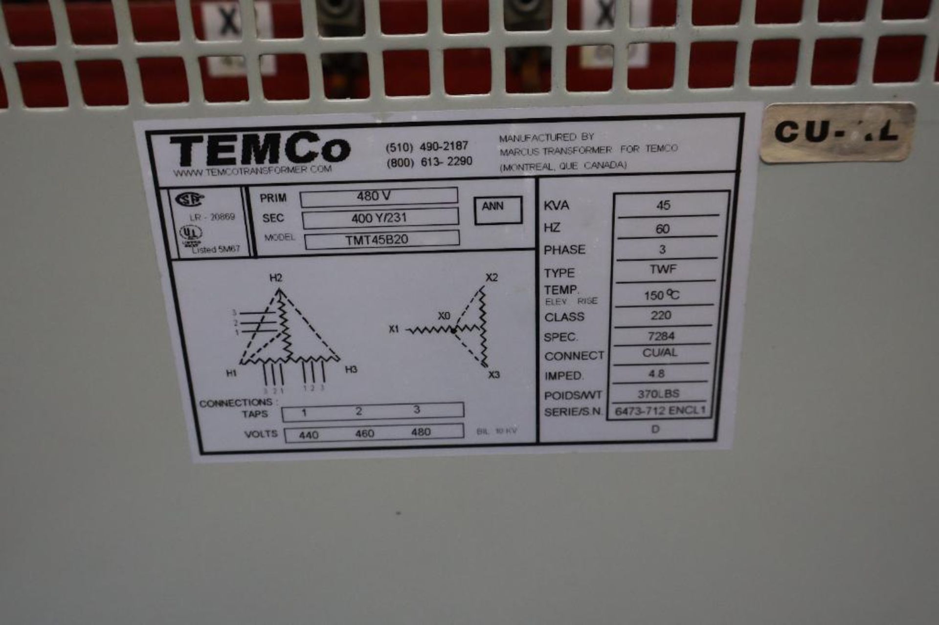 Temco 45 kva, 3ph transformer 480/400Y231 - Image 2 of 3