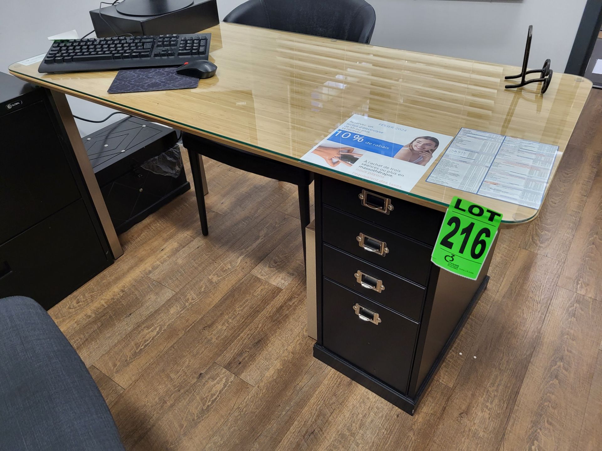 Wooden, Glass Top Desk w/ 4-Drawer Vertical Filing Cabinet - Image 2 of 2