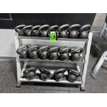 Lot of Kettlebells and Rack, incl. 9x Pairs of Kettlebells 10-40lbs, 450lbs total