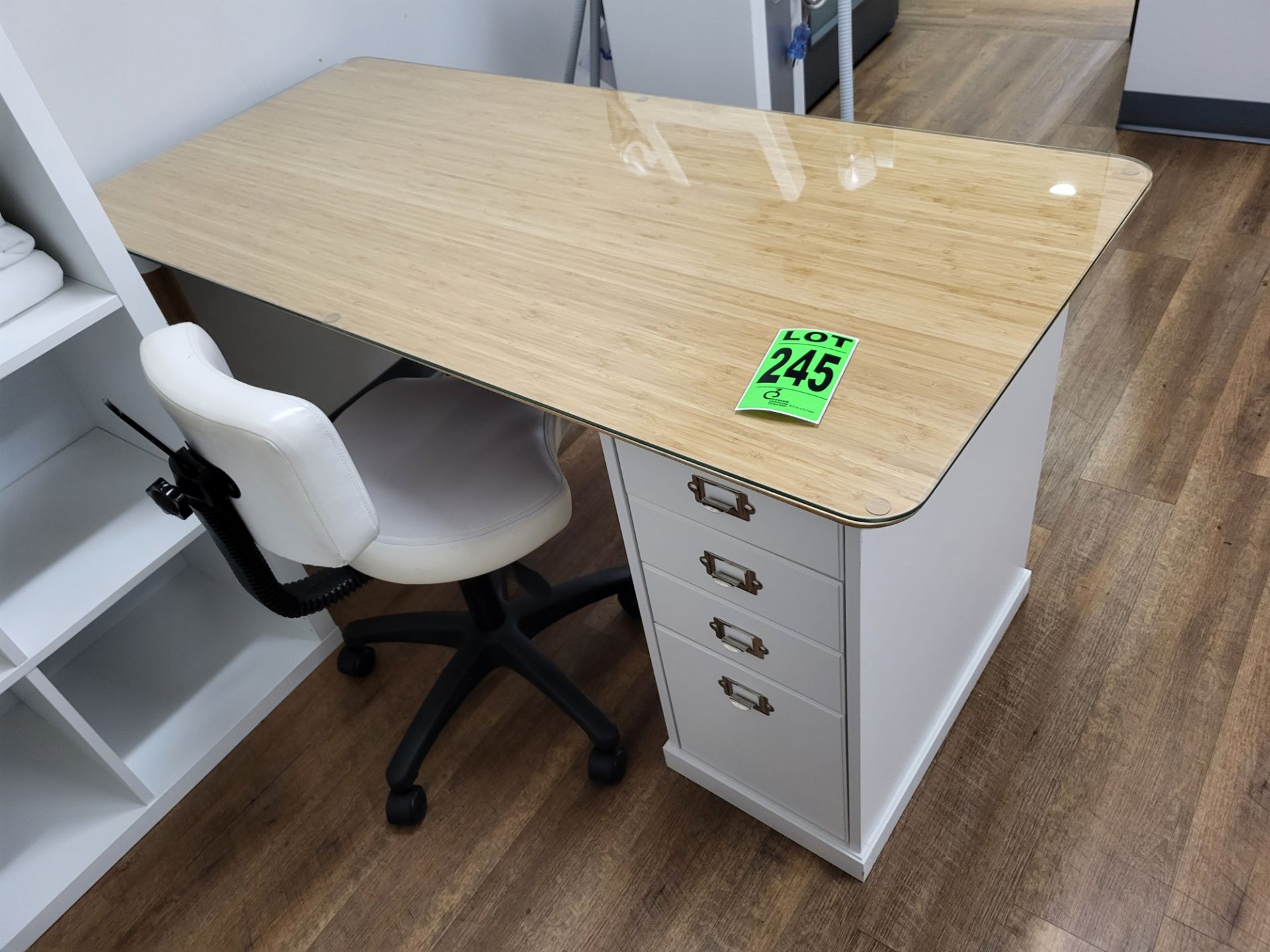 Wooden, Glass Top Desk w/ 4-Drawer Vertical Filing Cabinet