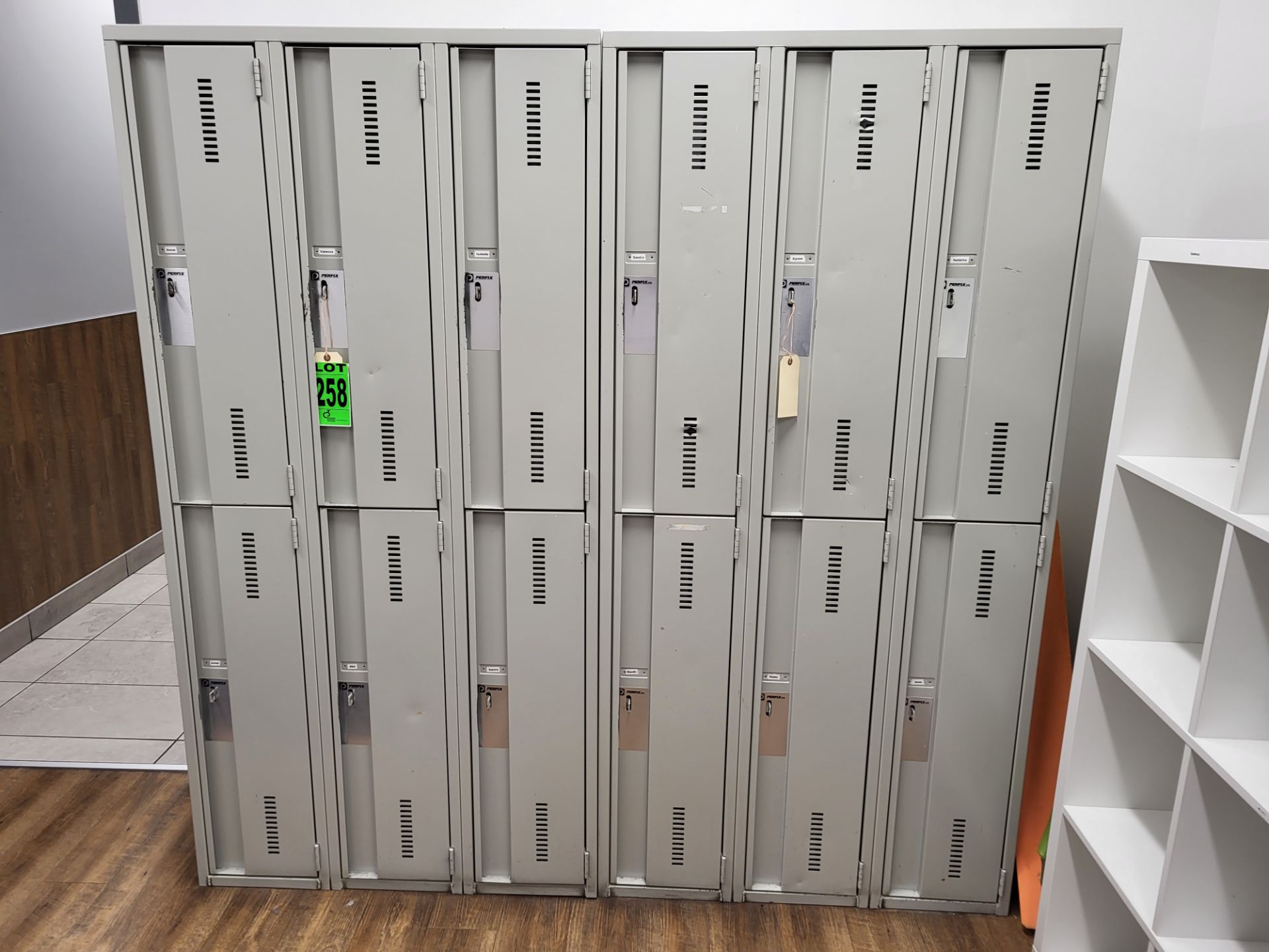 Lot of (2) Sections of PERFIX 3x2-Level, 6-Door Lockers. 12 Doors Total