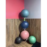 Lot of (5) Fitness Balls and Fitness Ball Storage Unit