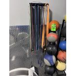 Lot of (5) Slam / Medicine Balls and Ball Rack with resistance bands