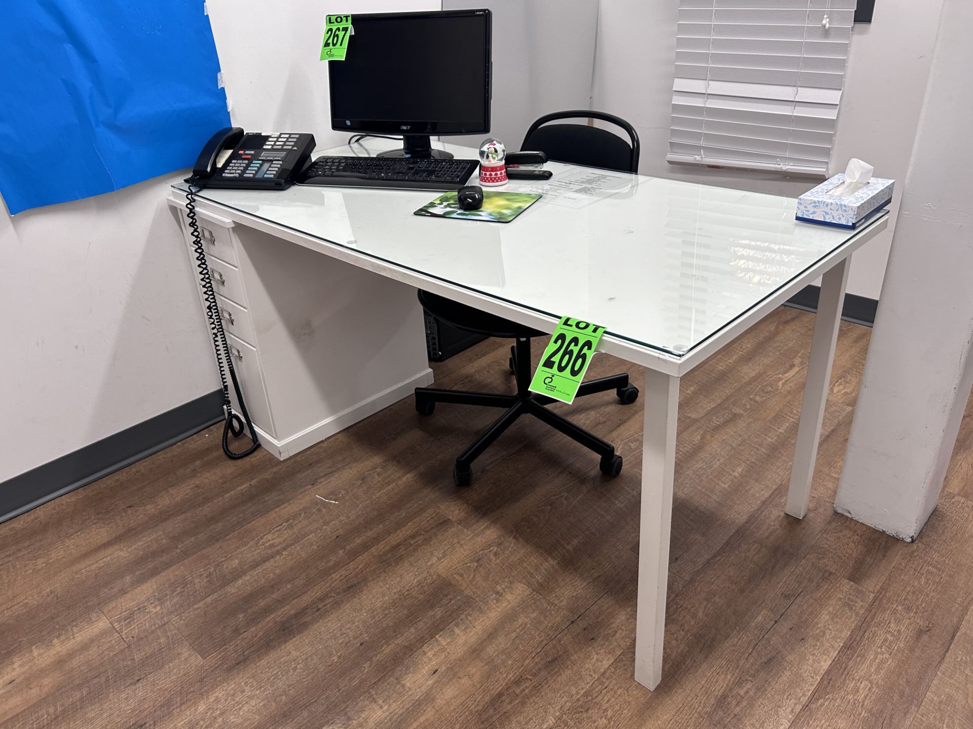 Wooden, Glass Top Desk w/ 4-Drawer Vertical Filing Cabinet