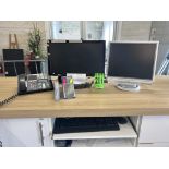 Lot of (3) computer screens, keyboard, mouse and telephone