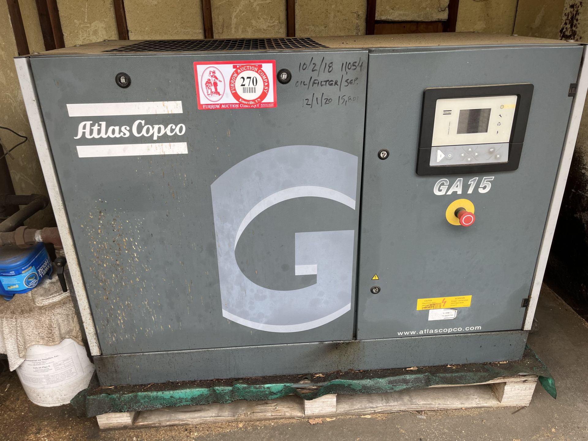 Atlas Copco Rotary Air Compressor, Model GA13, S/N WUX585288, 20 HP, with Cabinet, Wiring, Controls,