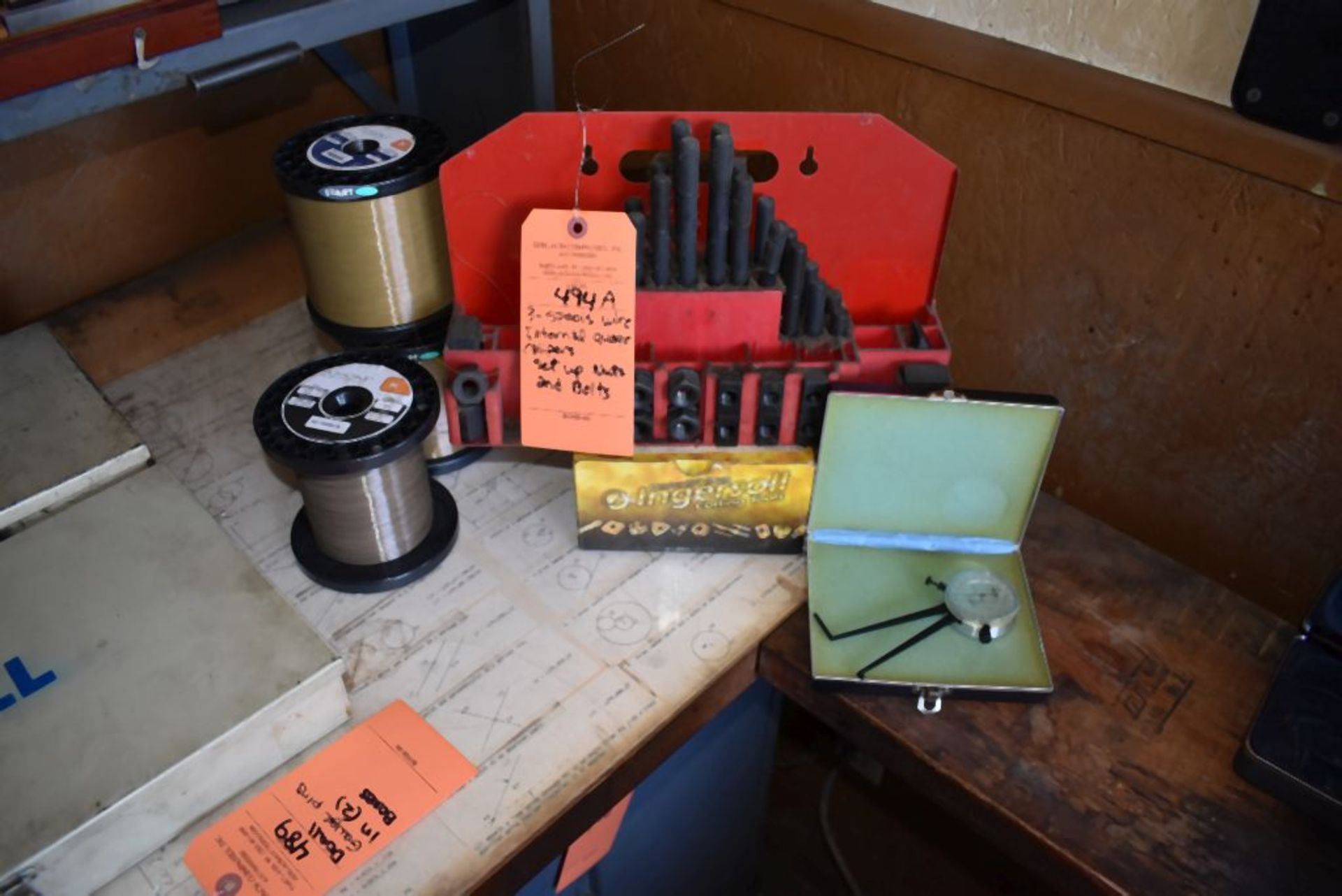 (3) SPOOLS OF WIRE, INTERNAL GAUGE CALIPERS, SET-UP NUTS AND BOLTS