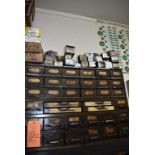 (2) 18 DRAWER ORGANIZER FULL OF ASSORTED HARDWARE PLUS BOXES OF HARDWARE ON TOP (UPPER UNITS)