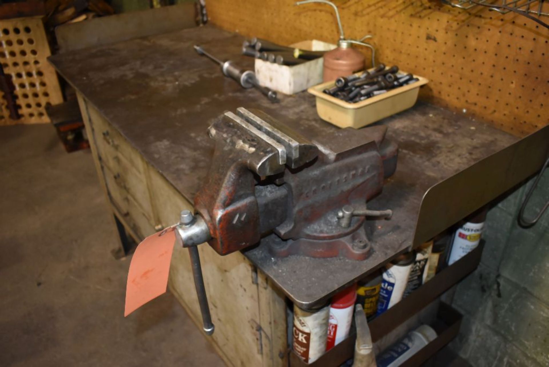 STEEL WORKBENCH WITH THREE DRAWERS AND ONE DOOR WITH 5" CRAFTSMAN SWIVEL VISE, INCLUDES CONTENTS, - Image 4 of 4