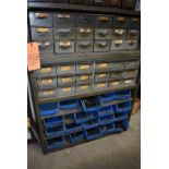 METAL SHELVING UNIT WITH (2) 18 DRAWER ORGANIZERS AND BLUE PLASTIC BINS FULL OF HARDWARE,