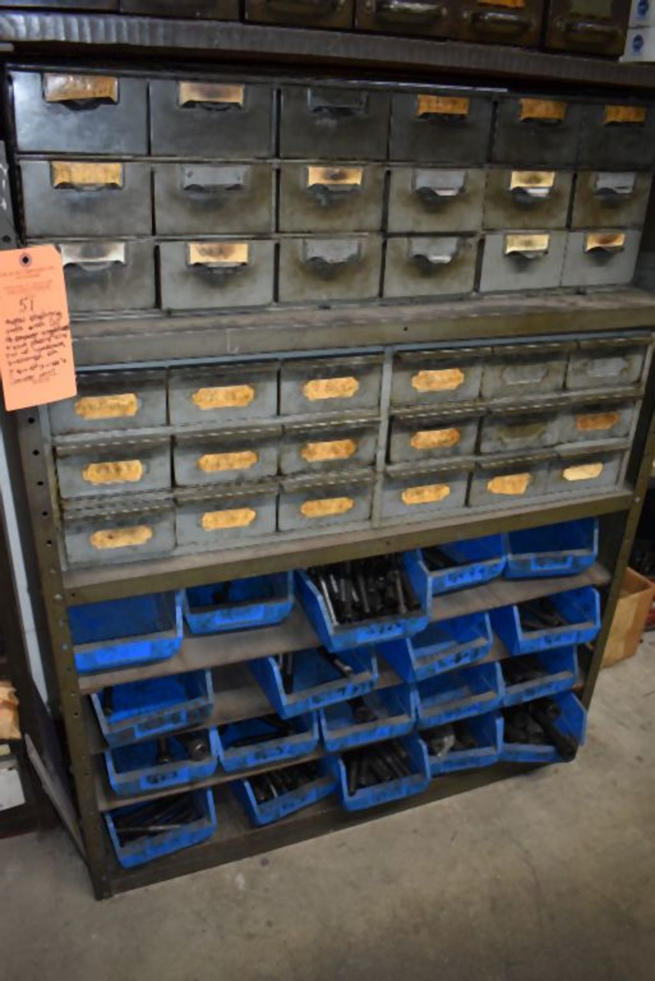 METAL SHELVING UNIT WITH (2) 18 DRAWER ORGANIZERS AND BLUE PLASTIC BINS FULL OF HARDWARE,