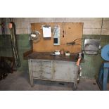 STEEL WORKBENCH WITH THREE DRAWERS AND ONE DOOR WITH 5" CRAFTSMAN SWIVEL VISE, INCLUDES CONTENTS,