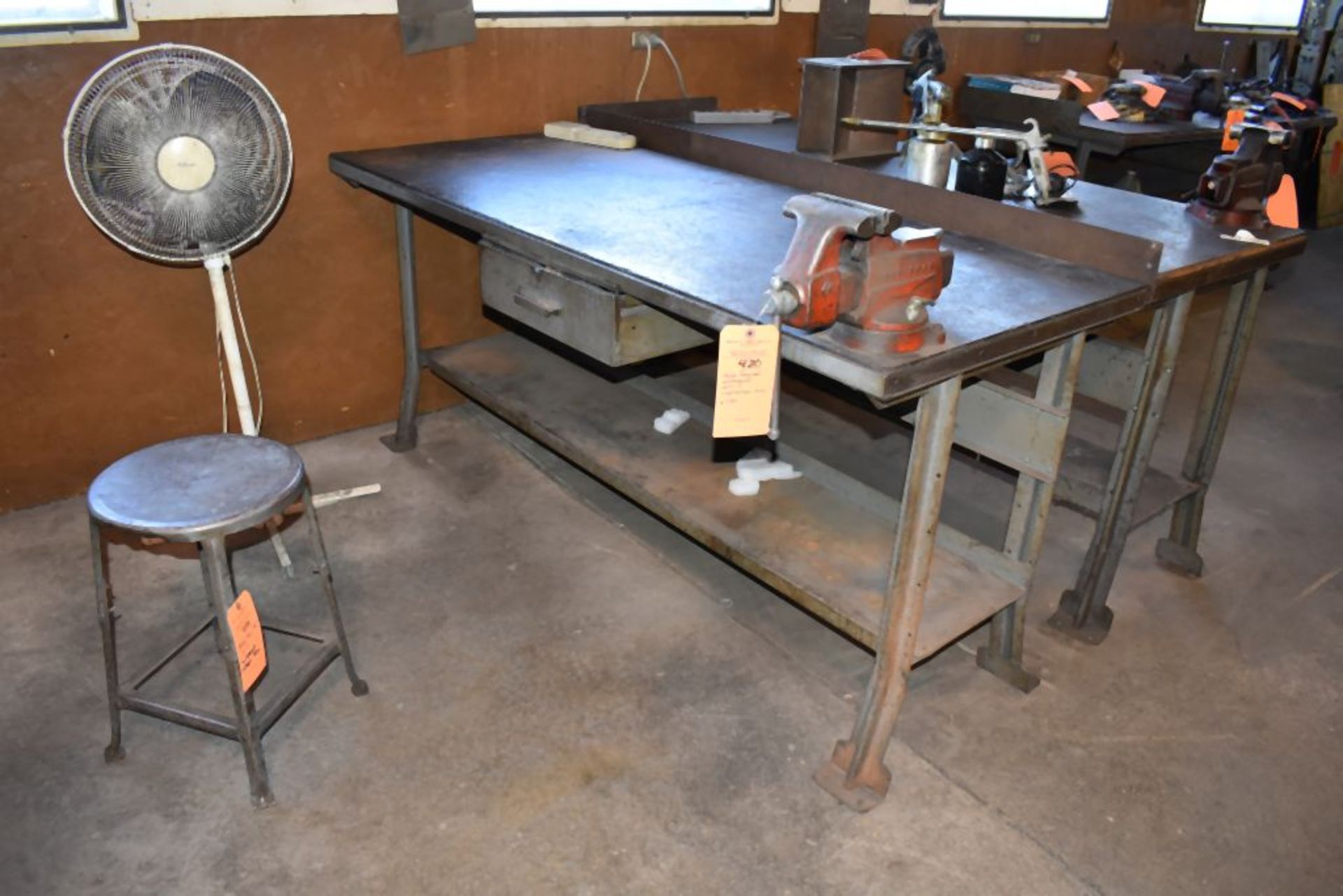 METAL FRAMED WORKBENCH WITH 5" CRAFTSMAN VISE, BENCH IS 6' x 30"