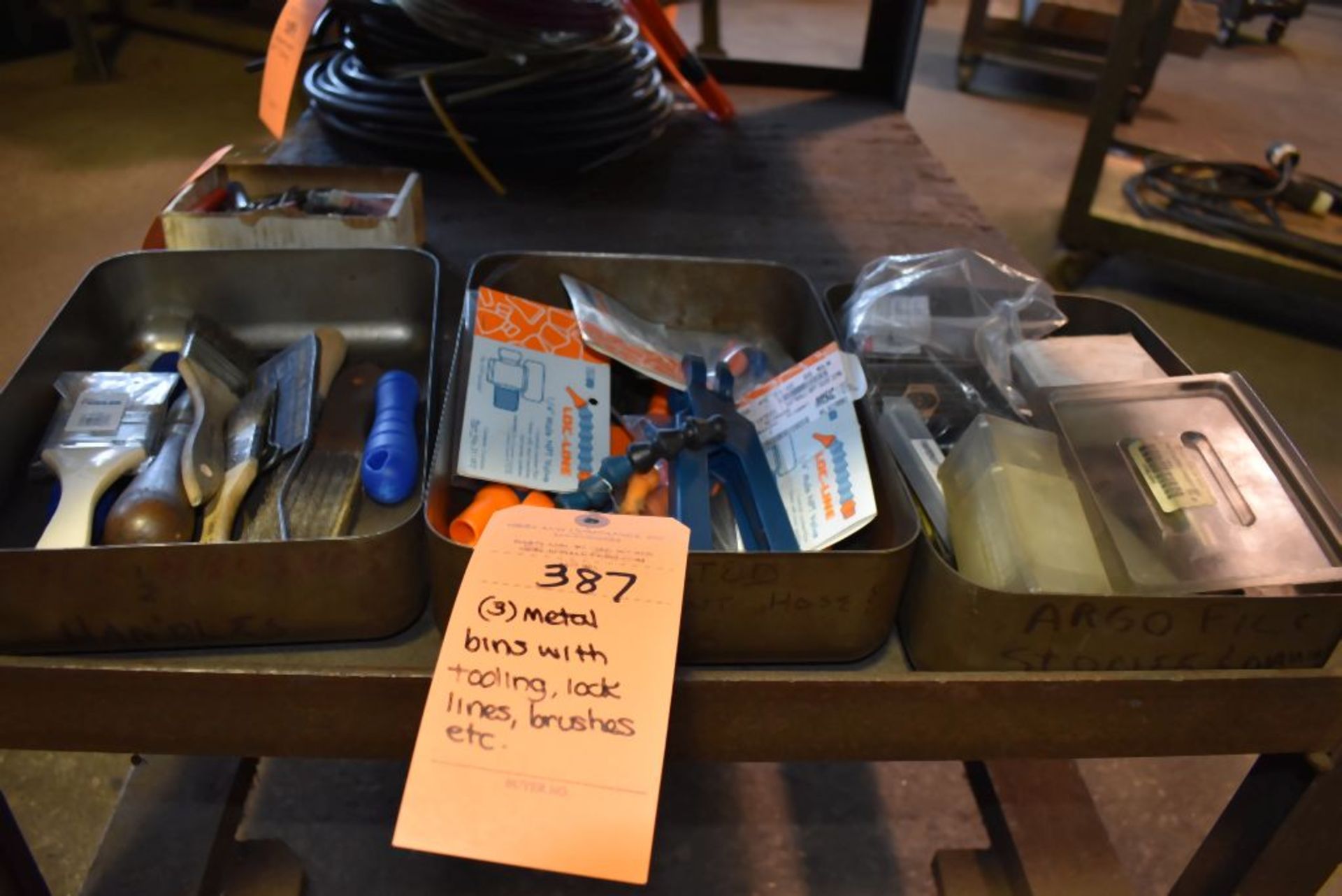 (3) SMALL METAL BINS WITH TOOLING, LOCK LINES, BRUSHES, ETC.