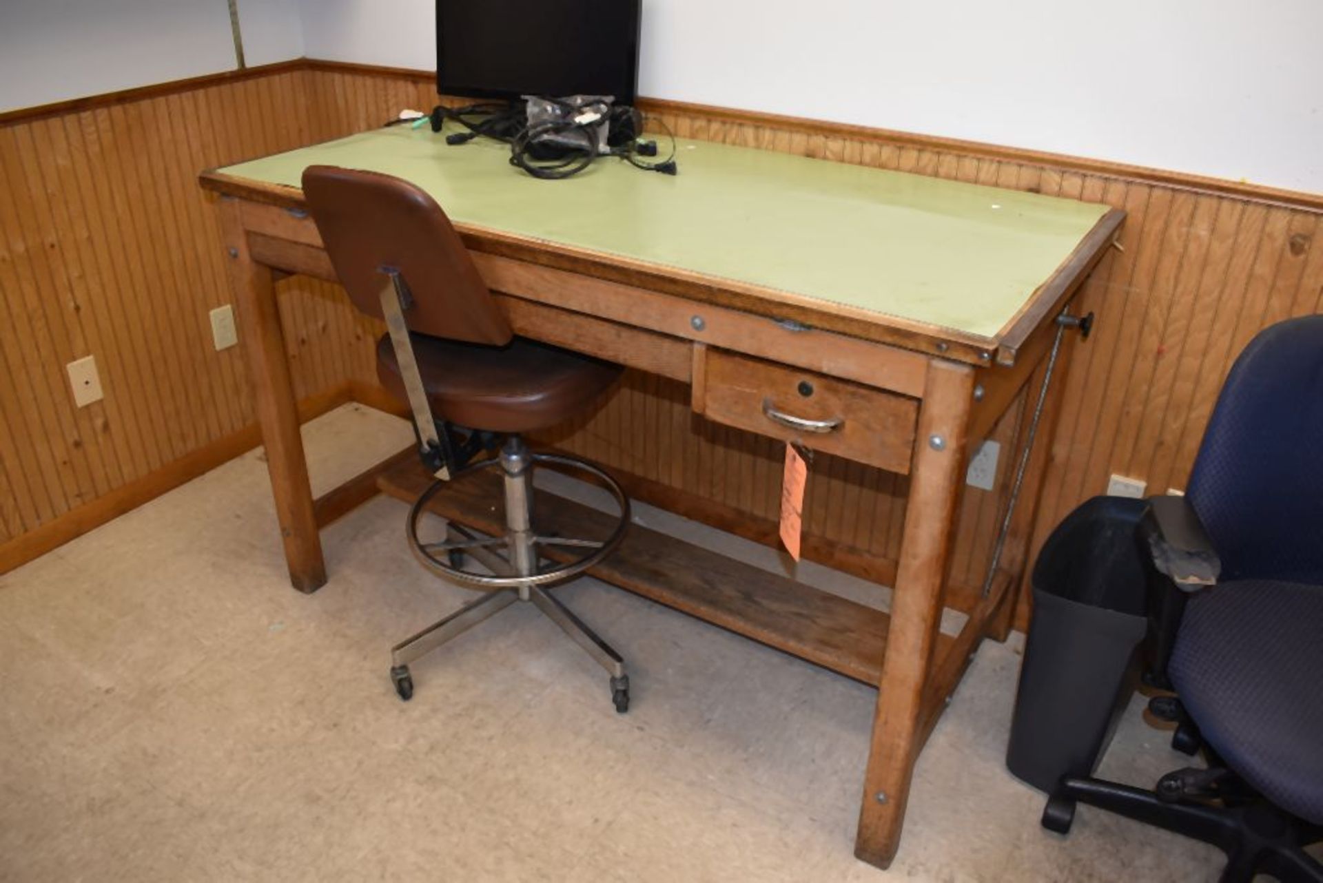WOOD DRAFTING TABLE WITH CHAIR, 30"D x 5'L x 38"H