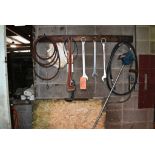 CONTENTS OF BOARD ON WALL, 36" PIPE WRENCH, 2", 1 3/4" AND 1 5/8" COMBINATION WRENCHES AND