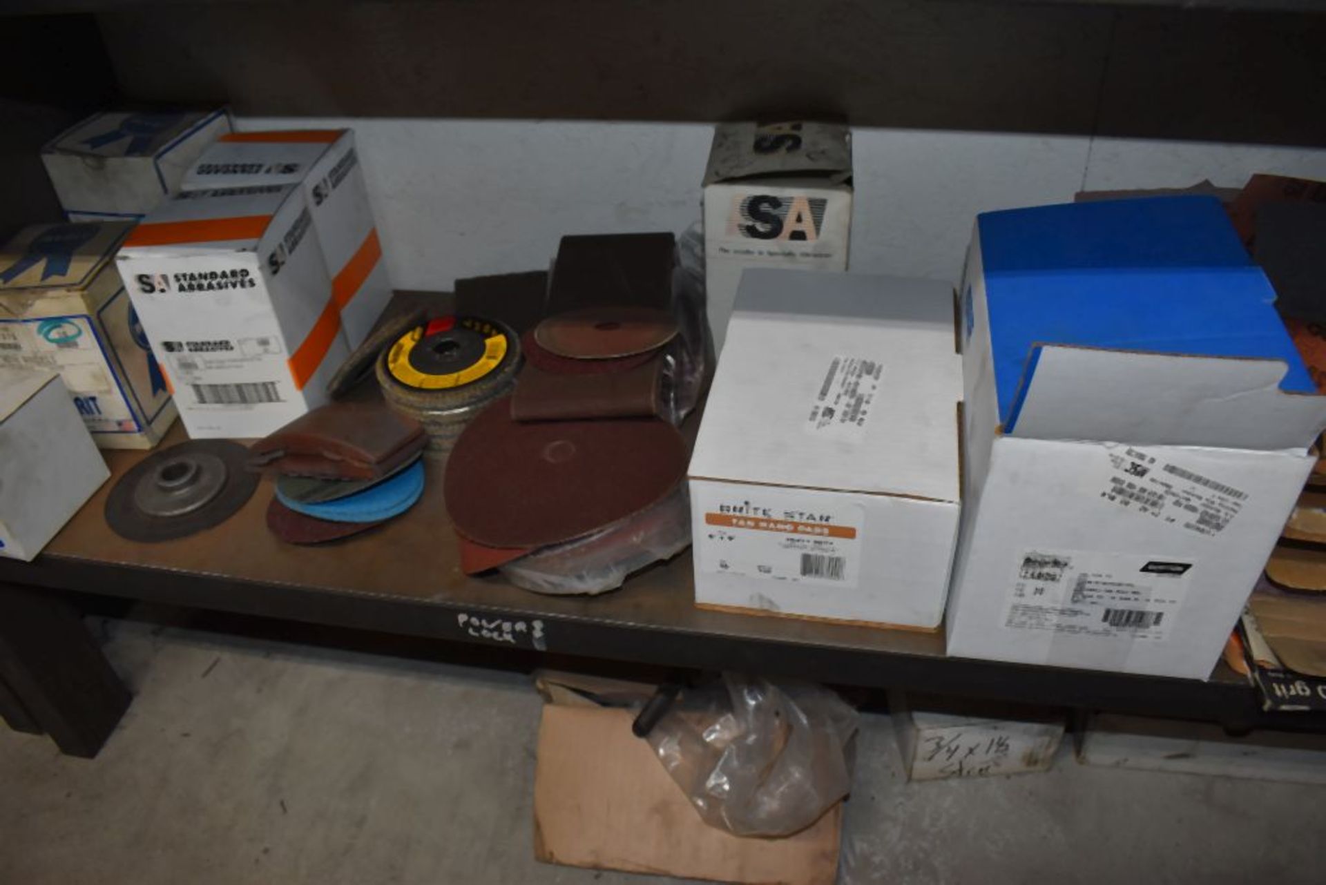 HEAVY DUTY STEEL SHELVING UNIT WITH ASSORTED ABRASIVES, HARDWARE UNDERNEATH AND MISC. ON SHELVE - Image 2 of 4