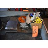 STEEL PLATES AND BOX OF MISC. TOOLING AND RULER