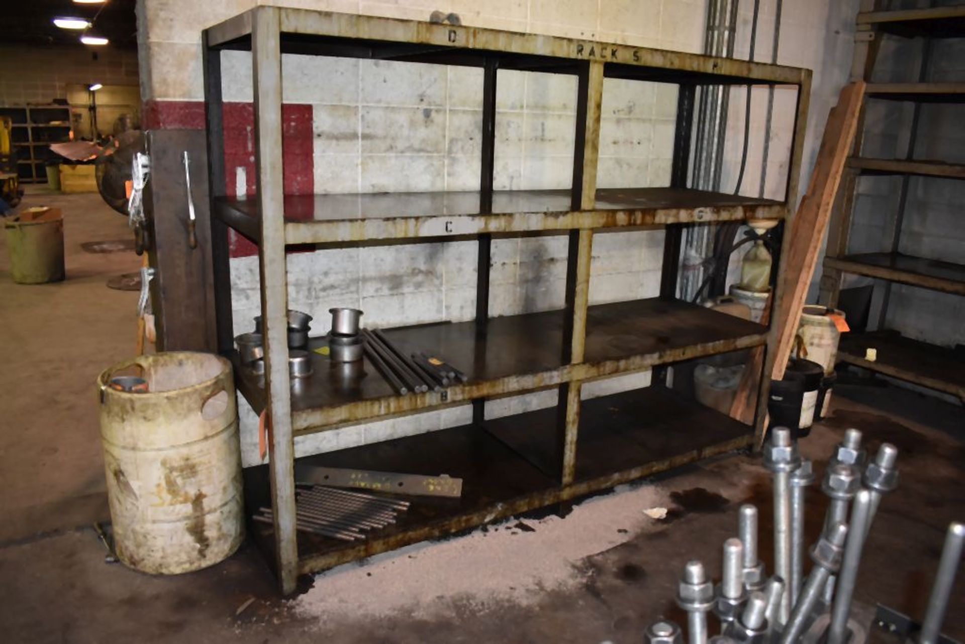 HEAVY DUTY WELDED STEEL SHELVING UNIT, INCLUDES SOME CONTENTS, 8'L x 30"D x 6'6"H