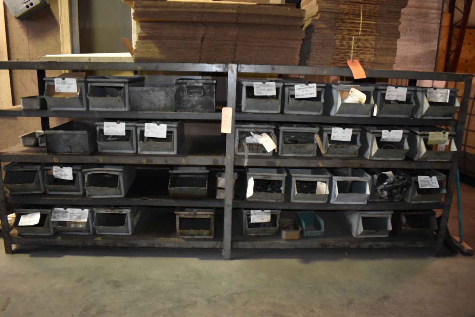 FIVE TIER HEAVY DUTY WELDED STEEL SHELVING UNIT WITH CONTENTS, BINS OF ASSORTED PIECES, RACK IS 10'L