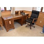 WOOD OFFICE DESK WITH DRAWER AND SHELF UNIT, INCLUDES CHAIR, 36"D x 66"L x 31"H
