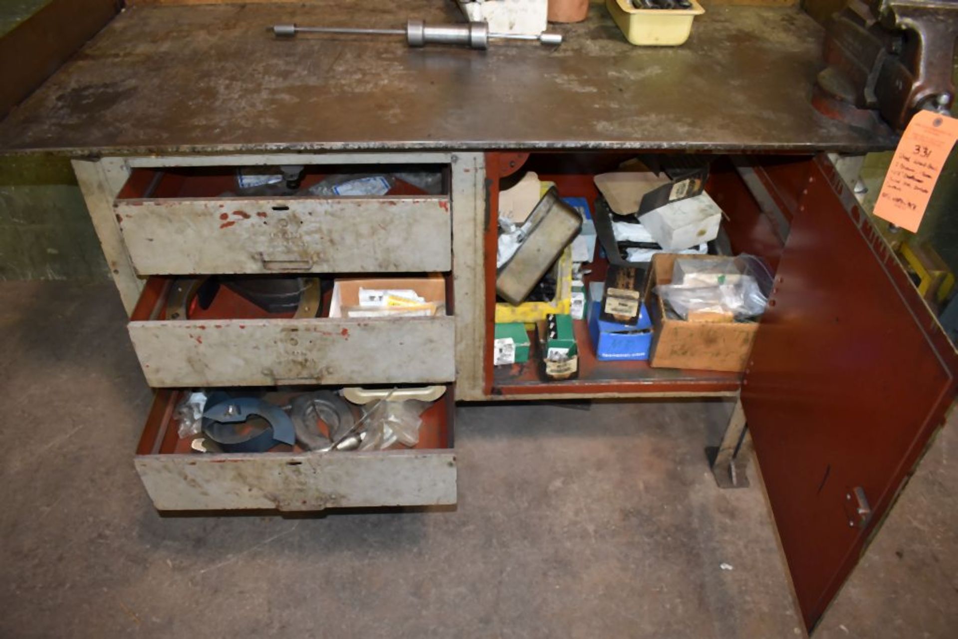 STEEL WORKBENCH WITH THREE DRAWERS AND ONE DOOR WITH 5" CRAFTSMAN SWIVEL VISE, INCLUDES CONTENTS, - Image 3 of 4