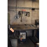 HEAVY DUTY STEEL WORKBENCH WITH VISE, INCLUDES CONTENTS AND VISE GRIPS AND C-CLAMPS ABOVE