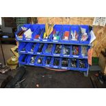 THREE TIER BIN STORAGE UNIT WITH CONTENTS, CARBIDE LATHE TOOL INSERTS AND MISC.