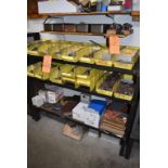 HEAVY DUTY STEEL SHELVING UNIT WITH ASSORTED ABRASIVES, HARDWARE UNDERNEATH AND MISC. ON SHELVE