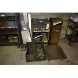 HEAVY METAL SHELVING UNIT WITH CONTENTS; ADJACENT SCRAP, THREE STEEL BINS AND 22" x 23" STEEL
