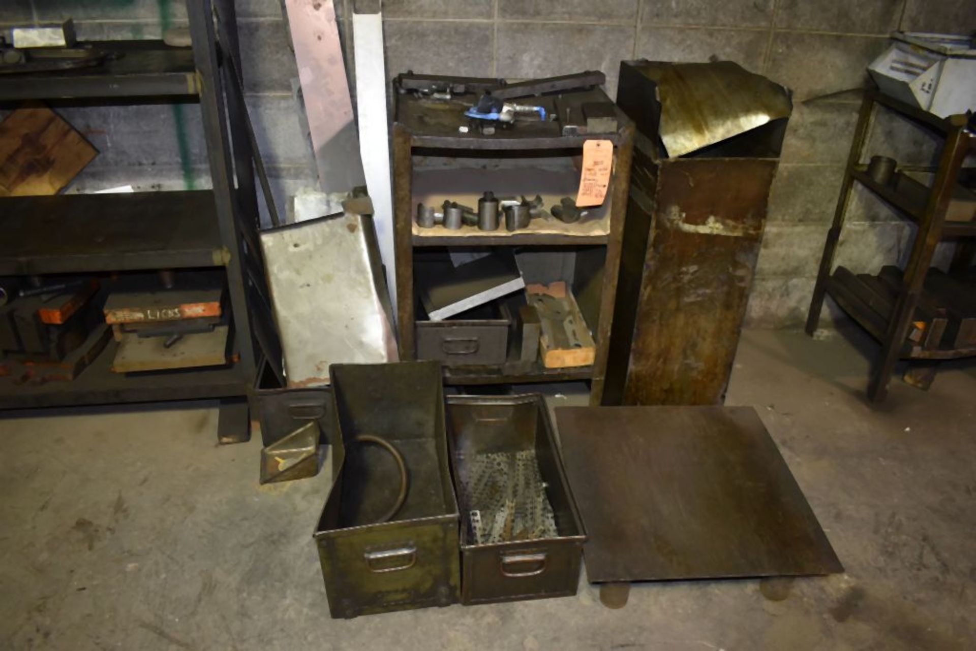 HEAVY METAL SHELVING UNIT WITH CONTENTS; ADJACENT SCRAP, THREE STEEL BINS AND 22" x 23" STEEL