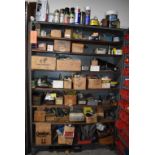 METAL AND WOOD SHELVING UNIT WITH CONTENTS; ASSORTED PARTS AND TOOLING, 51"W x 13"D x 75"H