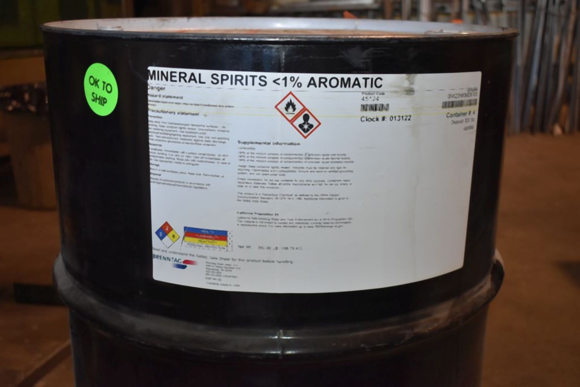 55 GALLON DRUM OF MINERAL SPIRITS <1 PERCENT AROMATIC, APPROX. 1/2 FULL - Image 2 of 2
