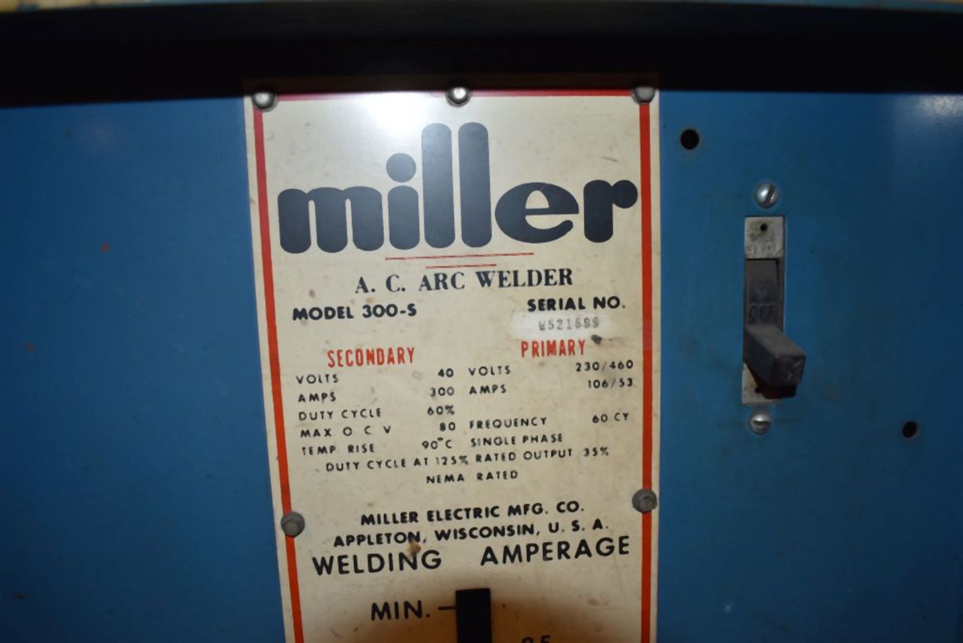 (1970) MILLER STICK WELDER, MODEL 300-S, S/N: W521593, LEADS - Bild 2 aus 2