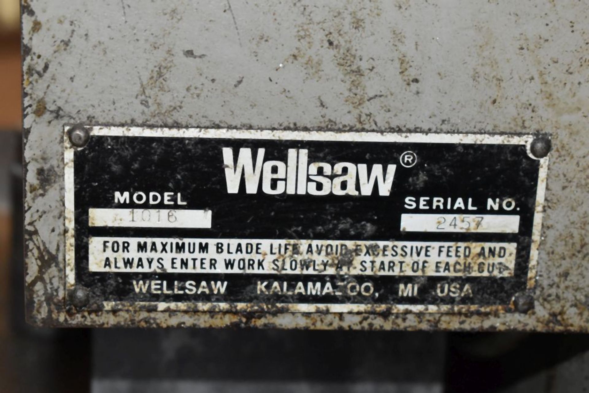 WELLSAW HORIZONTAL BAND SAW, MODEL 1016, S/N: 2457, 2 H.P. MANUAL STOCK CLAMP, STOCK STOP, - Image 3 of 3