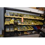 HEAVY DUTY STEEL SHELVING UNIT WITH CONTENTS; BINS OF ASSORTED HARDWARE AND PARTS AND TOOLING