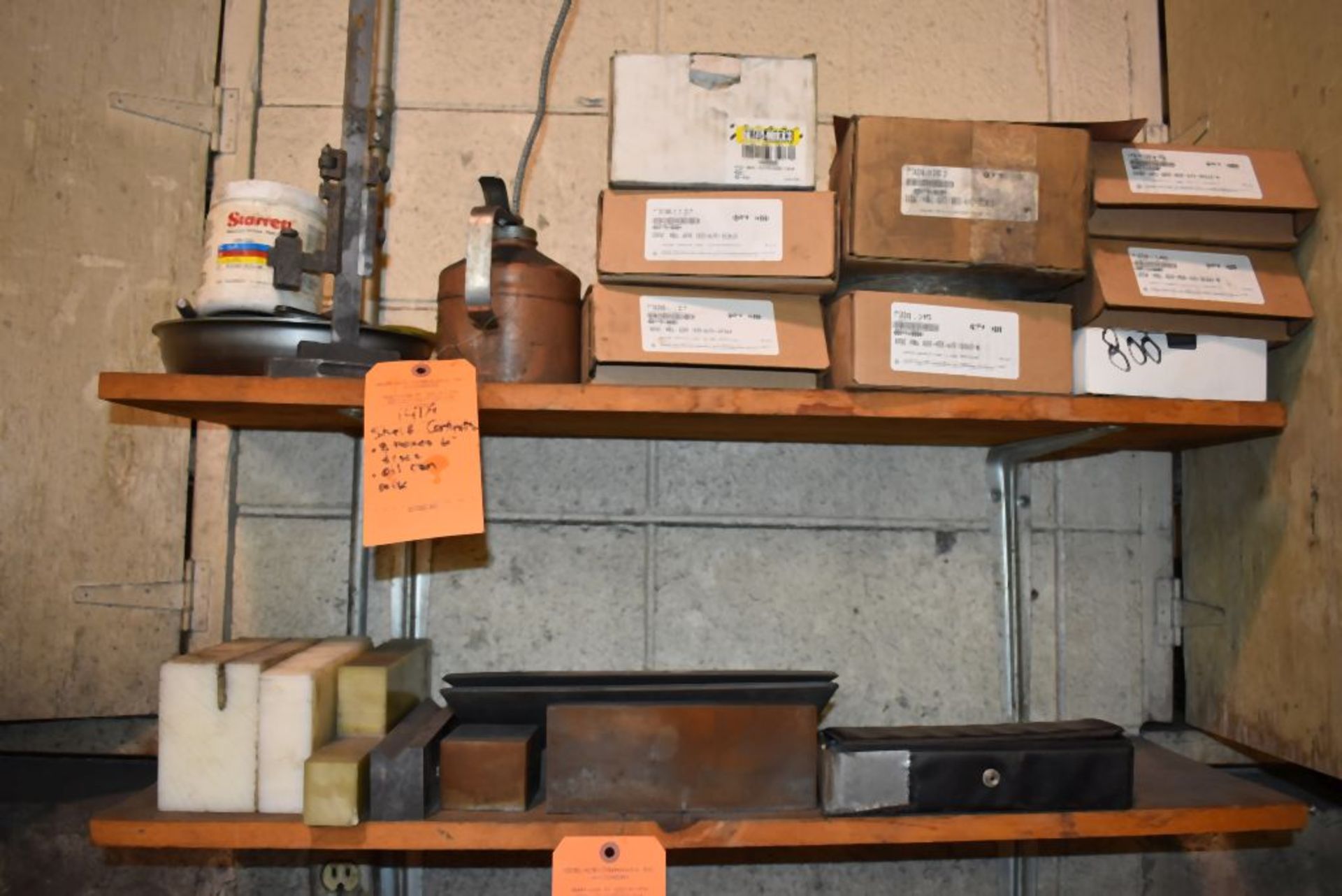 CONTENTS ON THESE TWO SHELVES, (8) BOXES OF 6" DISCS, OIL CAN, REFRACTOMETER AND MISC. STOCK CUT-