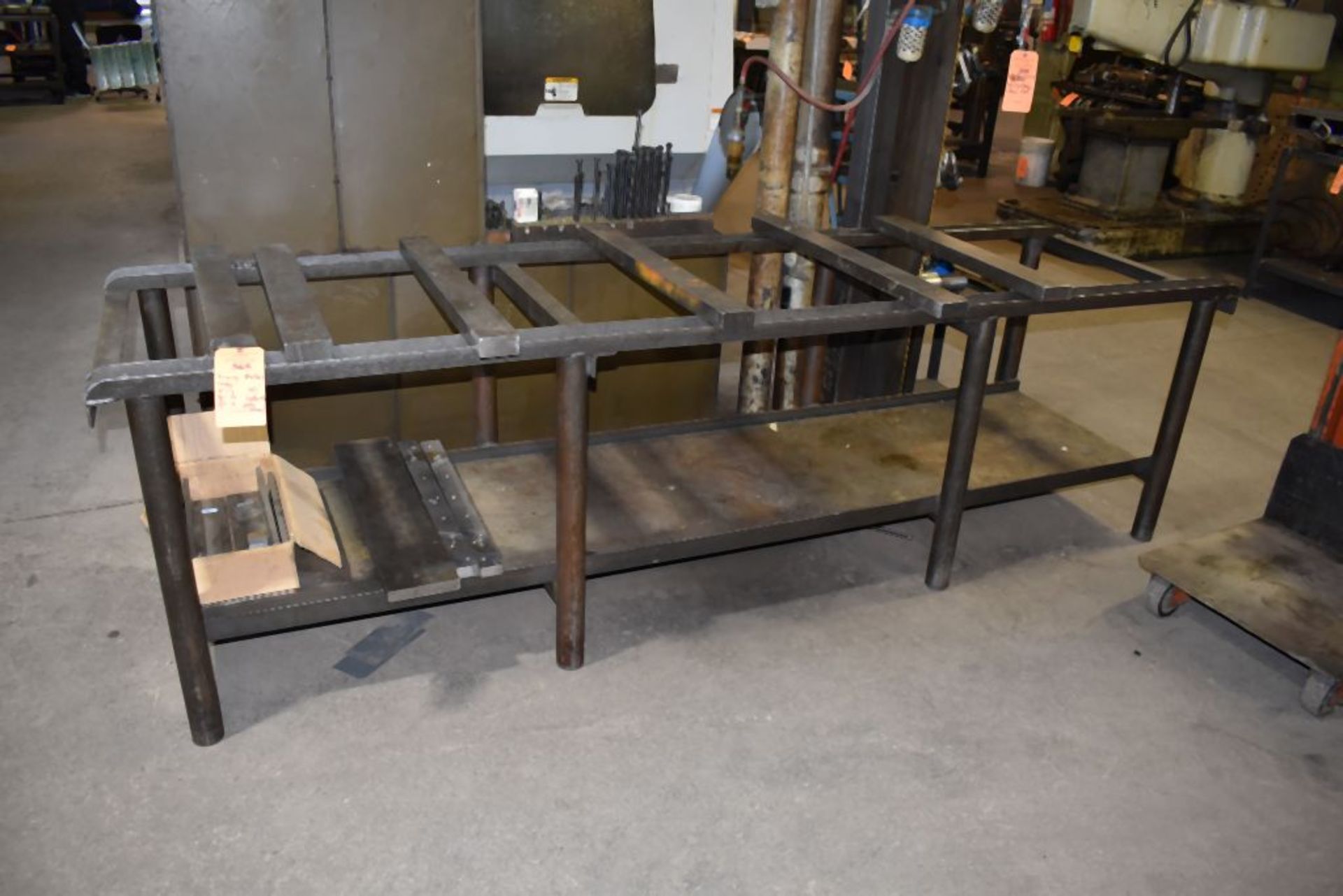 HEAVY METAL TABLE FRAME WITH CONTENTS; STEEL PIECES, 9'L x 30"D x 32"H